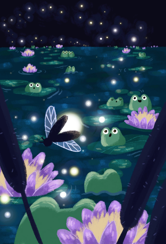 Digital illustration of frogs and fireflies