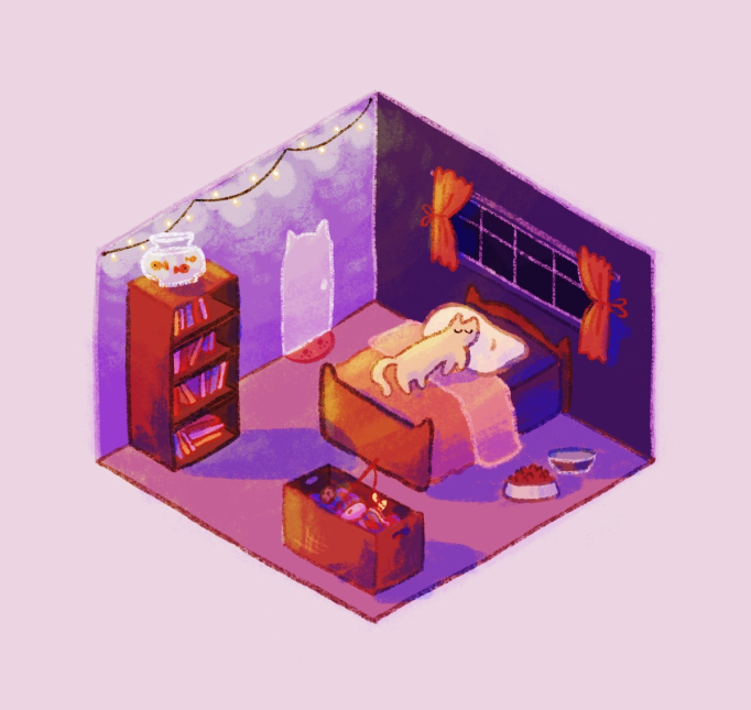 Digital isometric illustration of a cat sleeping in a room