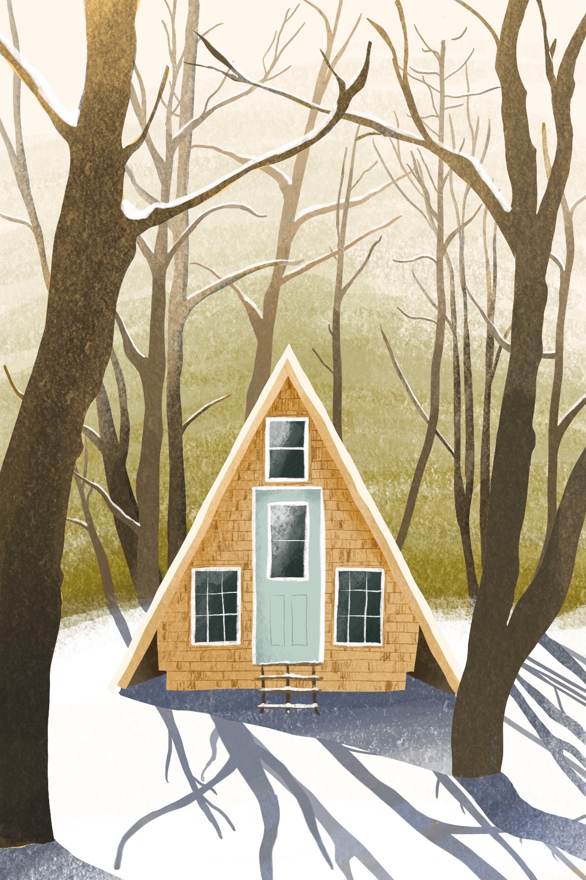 Digital illustration of a house in a snowy scene